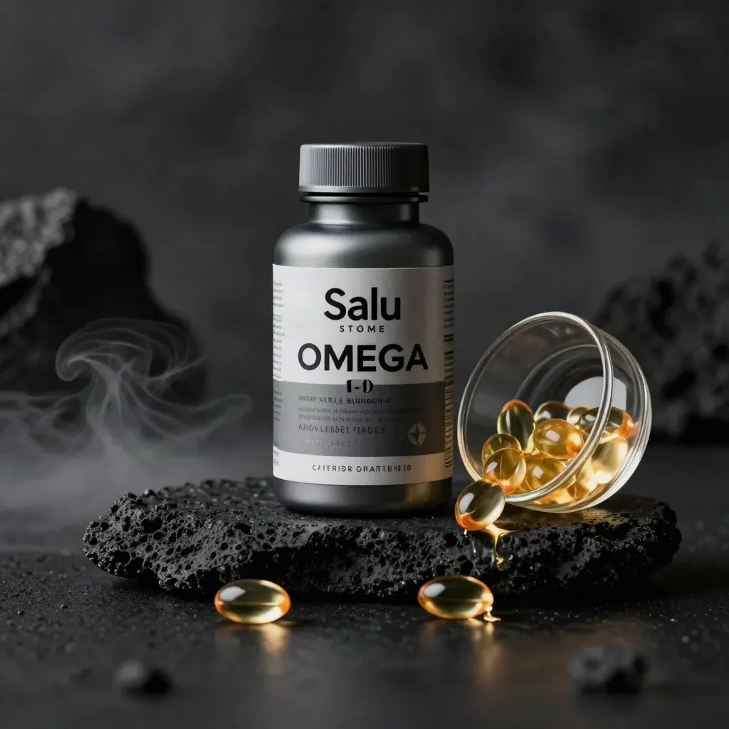 Frasco esbelto de omega 3 con cuenco de vidrio y perlas doradas sobre piedra oscura.