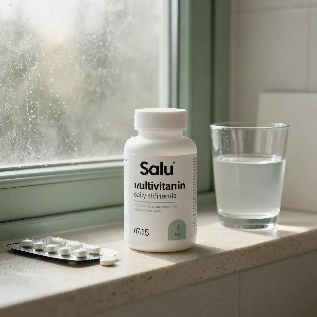 Frasco de multivitamínico blanco junto a blíster, vaso lechoso y luz de amanecer.