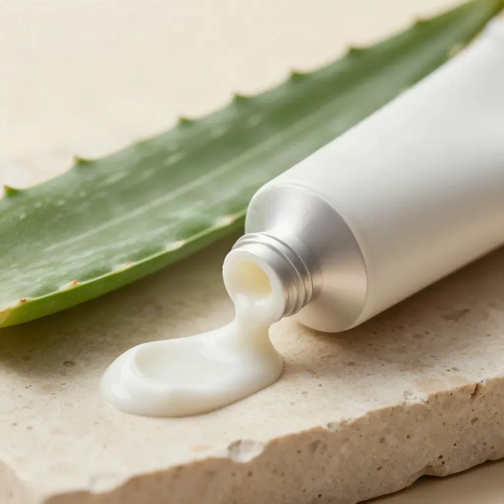 Tubo de crema de manos aloe sobre piedra crema, con huella de crema y hoja de aloe.