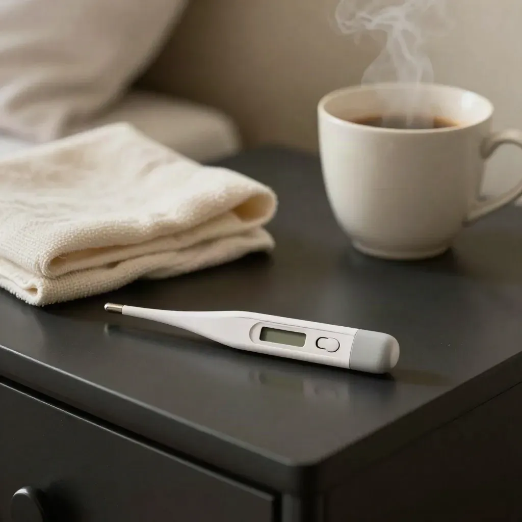 Termómetro digital blanco con funda abierta, paño de algodón y taza tibia sobre mesita oscura.