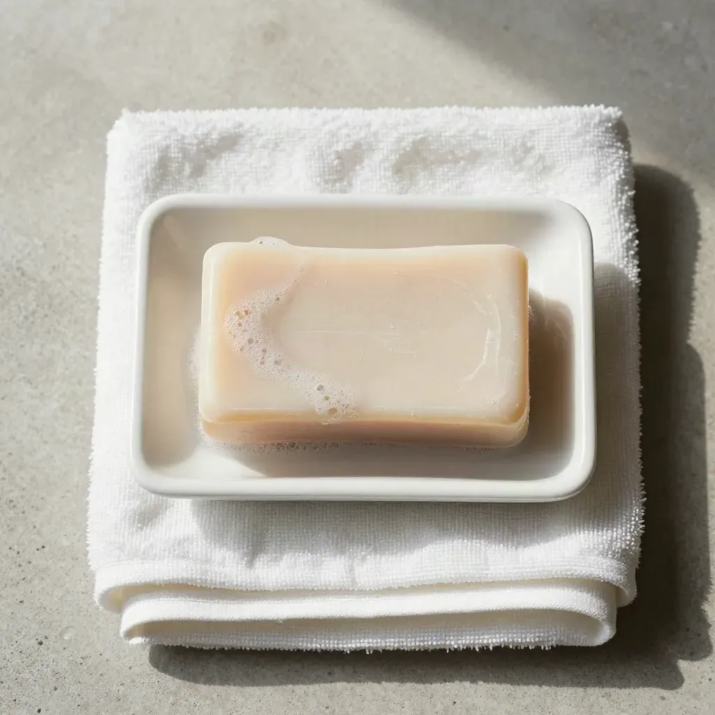 Jabón neutro en jabonera esmaltada con espuma y toalla sobre piedra clara.
