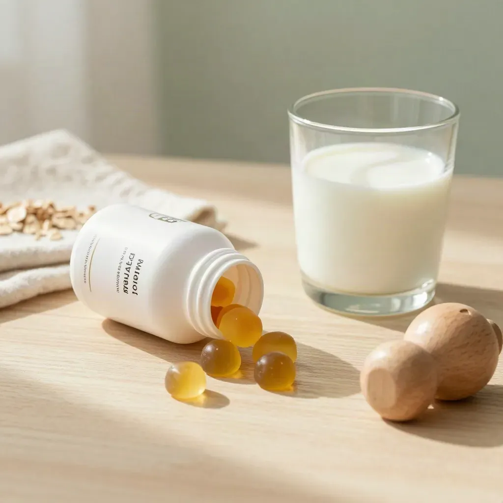 Frasco infantil de multivitamínico con gummies, vaso de leche y juguete de madera sobre mesa clara.
