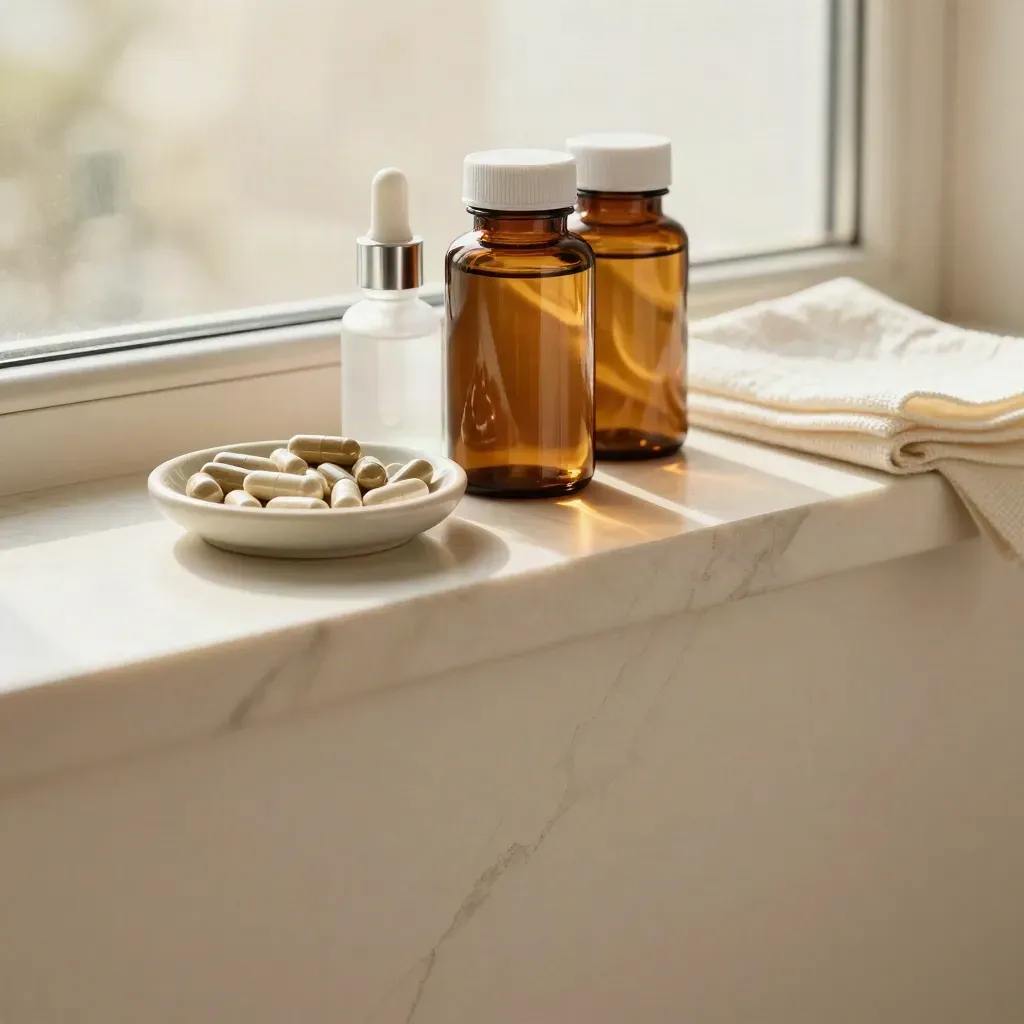 Frascos de vitaminas sobre mármol crema junto a una ventana soleada, con espacio vacío para texto.