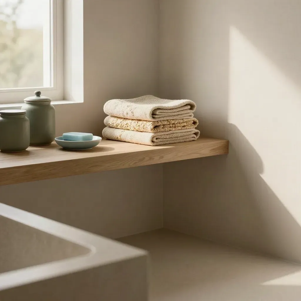 Baño claro con toallas plegadas, estante de madera y cerámica mate, luz de tarde.